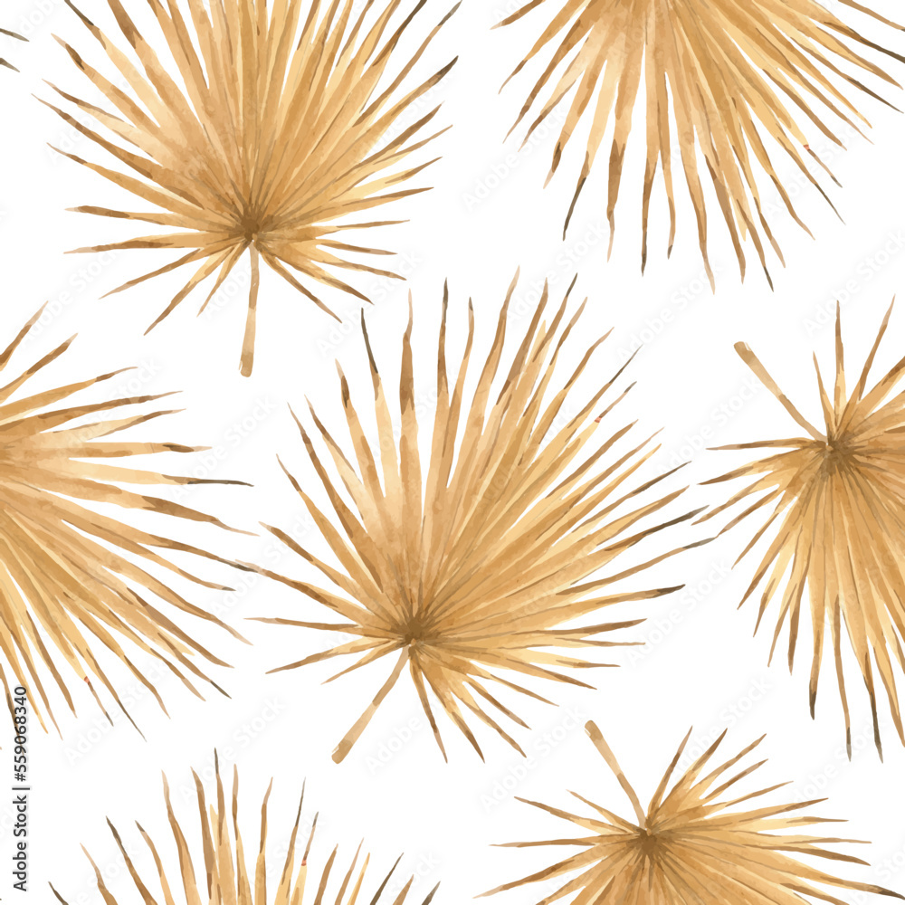 Fototapeta premium Beautiful vector autotraced tropical seamless pattern with watercolor hand drawn golden palm leaves. Stock illustration.