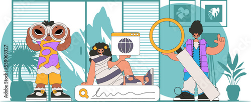 Bright and stylish illustration, a group of people help to find information on the Internet. Modern character style.