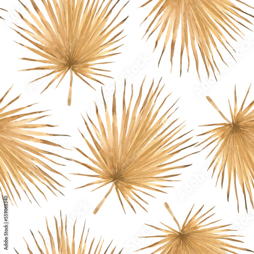 Beautiful vector autotraced tropical seamless pattern with watercolor hand drawn golden palm leaves. Stock illustration.