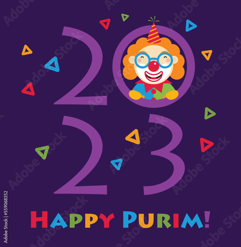 Happy Purim - a Jewish holiday. Colorful background with clown and hamantaschen. Vector illustration.

