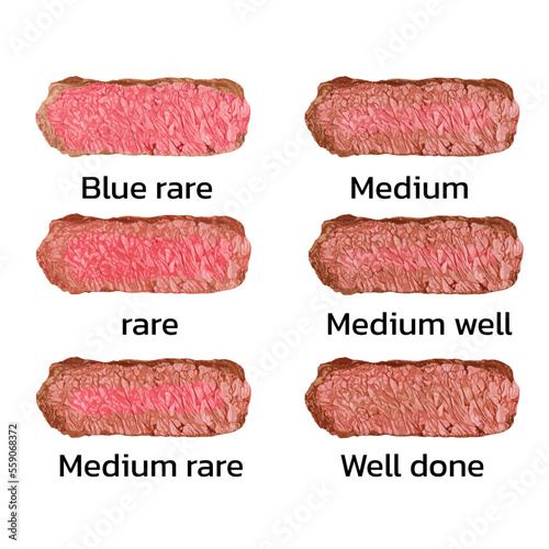Set of various conditions of steak cooking vector graphic illustration. Collection of appetizing barbecue meat piece blue, rare medium and well doneness isolated on white background. Vector eps 10. pe