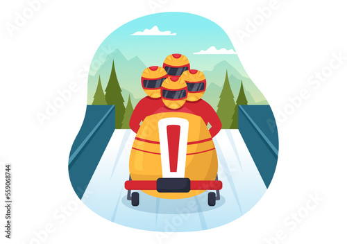 Athlete Riding Sled Bobsleigh Illustration with Snow, Ice and Bobsled Track for Competition in Winter Sport Activity Flat Cartoon Hand Drawn Templates