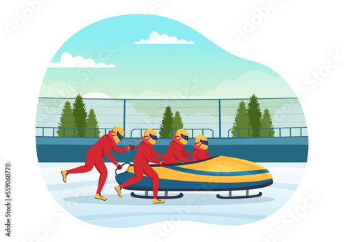 Athlete Riding Sled Bobsleigh Illustration with Snow, Ice and Bobsled Track for Competition in Winter Sport Activity Flat Cartoon Hand Drawn Templates