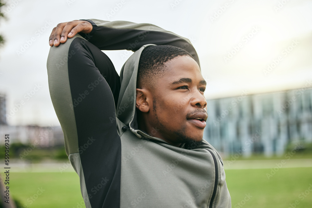 Stretching, arms and black man training in the city, fitness start and running motivation in Costa Rica. Commitment, vision and African runner with a warm up for cardio workout and body performance - obrazy, fototapety, plakaty 