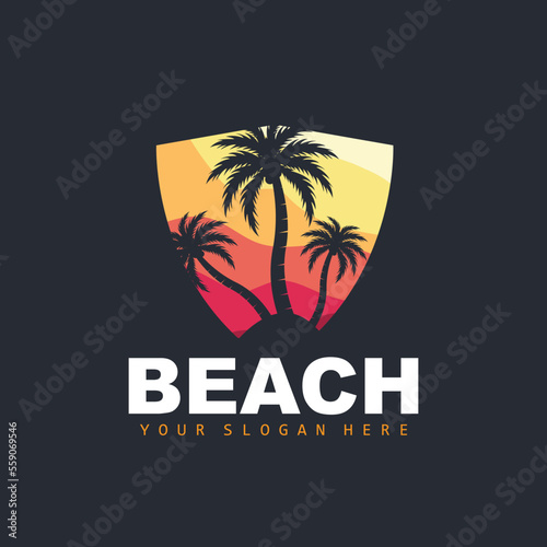 Coconut Tree Logo With Beach Atmosphere, Beach Plant Vector, Sunset View Design