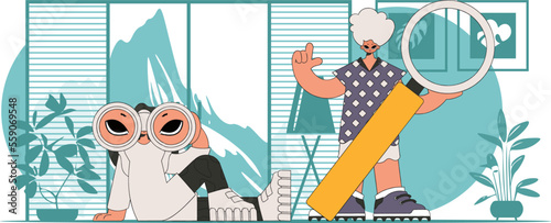 Good for job postings and flyers. Attractive HR team using binoculars and magnifier.