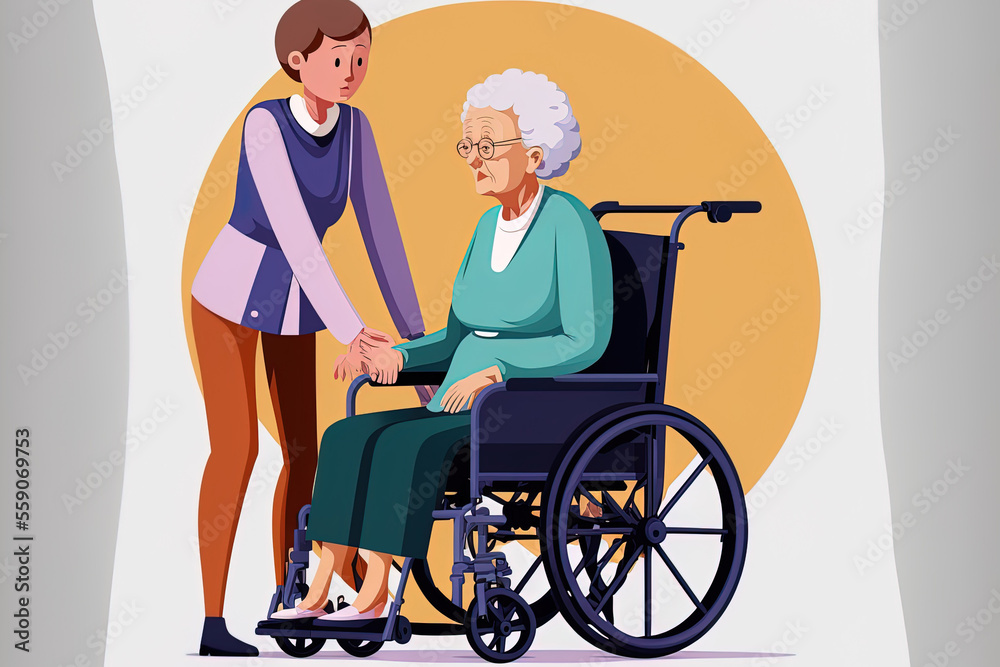 assisting an elderly woman in a wheelchair, as an example. Generative AI assisting an elderly woman in a wheelchair, as an example. Generative AI