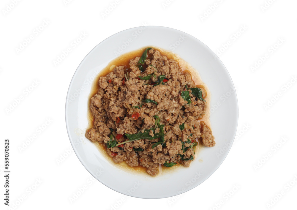 Stir Fried Spicy Chicken Basil on White Background Stir Fried Spicy Chicken Basil on White Background