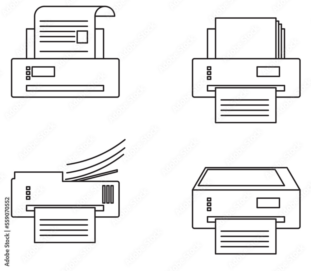 Set of paper printer icon in 2D and black and white image. Paper printers are used to print documents. Drawing created using CAD. Set of paper printer icon in 2D and black and white image. Paper printers are used to print documents. Drawing created using CAD.