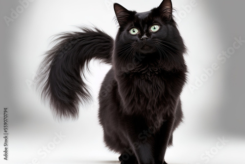 An attractive young adult solid black Balinese or Oriental Longhair cat is standing or stretching to the side. captivating emerald eyes gazing forward. Generative AI photo