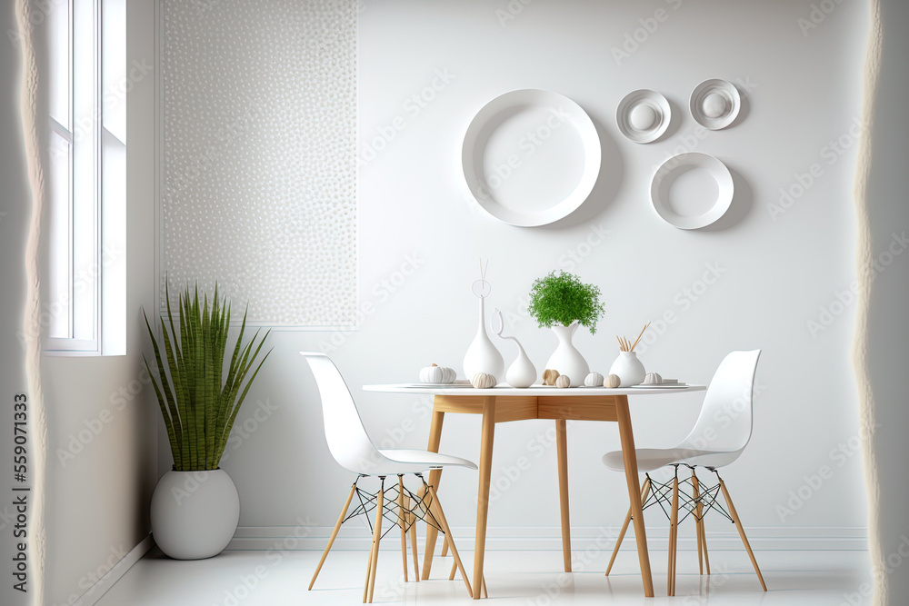 a dining room in white with a table, chairs, and accessories. mockup for an illustration. Generative AI - obrazy, fototapety, plakaty 