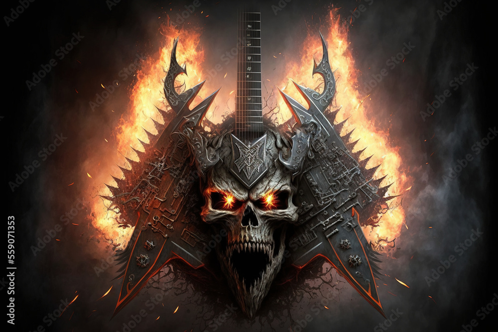 Heavy metal guitar and skull. AI Stock Illustration