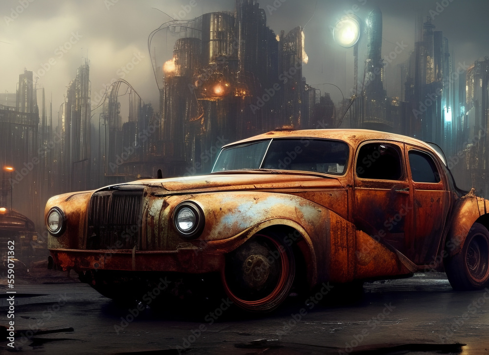 Fototapeta premium Generative AI illustration of a rusty old vintage steampunk car. Against the background of a gloomy fantastic ruined city.