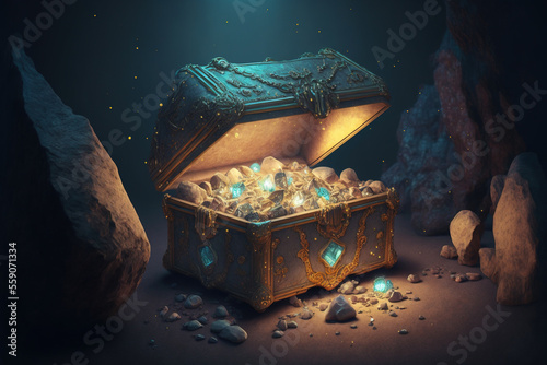 Treasure chest, glowing gemstones and gold inside. AI 