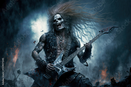 Heavy metal fantasy guitar player. AI photo