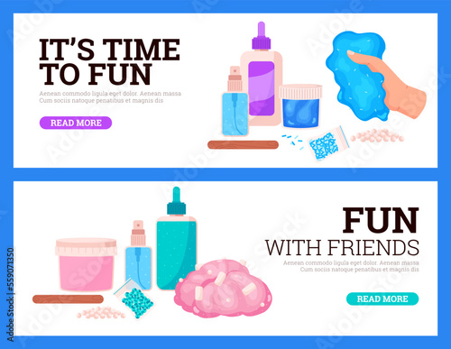 Colorful banners or flyers with polymer slimes vibrant flat vector illustration.
