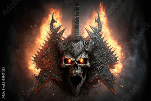 Heavy metal guitar and skull. AI photo