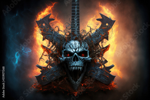 Heavy metal guitar and skull. AI