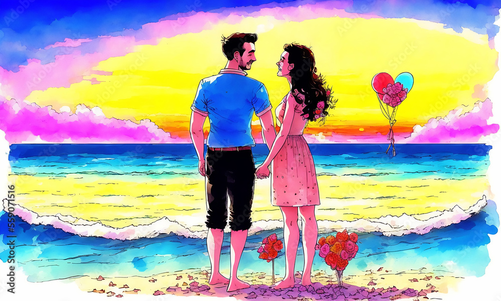 Love at Sunset: A Heartwarming Valentine's Day Celebration Captured in Ink Nib Watercolor Style generative ai