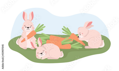 Cute bunnies eating carrot on the grass, cartoon flat vector illustration isolated on white background.