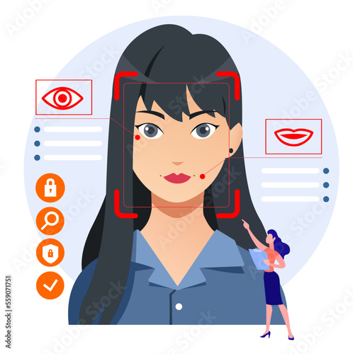 Woman with face recognition concept illustration from sensor technology machine learning AI reading face. Face detection concept technology.