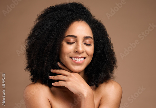 Hair, afro and face of black woman with skincare glow, natural cosmetics and clean shampoo hair care. Wellness, spa salon and African person with luxury makeup, dermatology treatment and self care