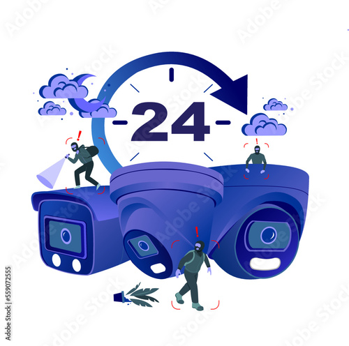 illustration of surveillance camera that monitors security for 24 hours