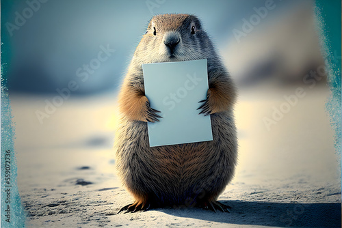 Fotografering Groundhog Day, groundhog holding a mock up card, groundhog holding a blank white