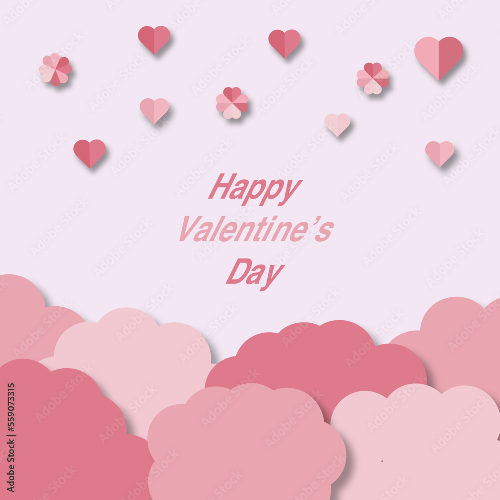 Poster or banner with paper cut hearts, flowers and clouds for valentine's day