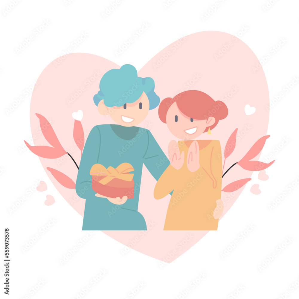 Happy Valentine, two happy couple, calendar 14 February, two people hugging each other. Flat Vector Illustration Happy Valentine, two happy couple, calendar 14 February, two people hugging each other. Flat Vector Illustration