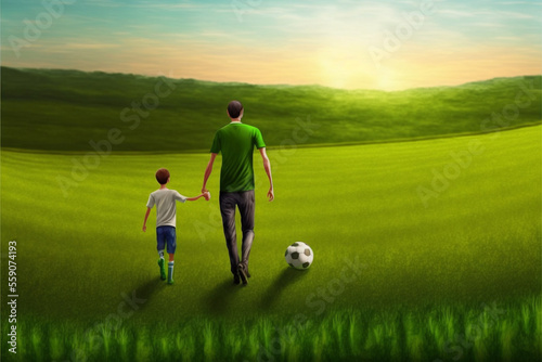 illustration father and son on a green meadow with a soccer ball. Generative AI