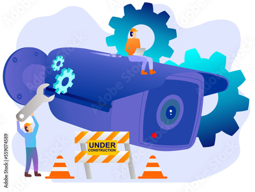 illustration of people who are in the process of repairing outdoor CCTV. illustration of CCTV is under construction. CCTV maintenance process concept