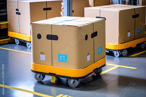 cardboard boxes being transported by agv robots at a distribution logistics facility. Generative AI