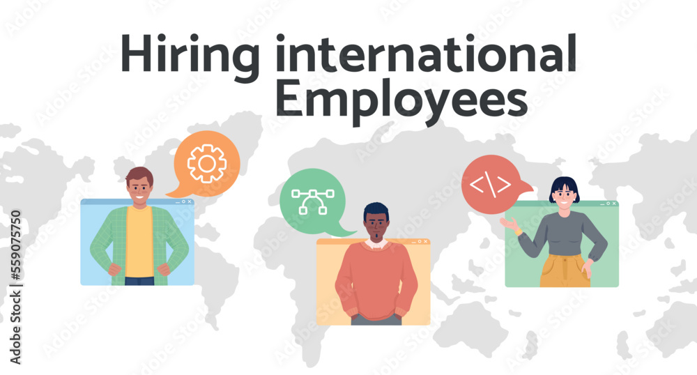 Hiring international employees flat vector banner template. Wideworld skilled team poster, leaflet printable color designs. Editable flyer page with text space. Catamaran Bold font used Hiring international employees flat vector banner template. Wideworld skilled team poster, leaflet printable color designs. Editable flyer page with text space. Catamaran Bold font used