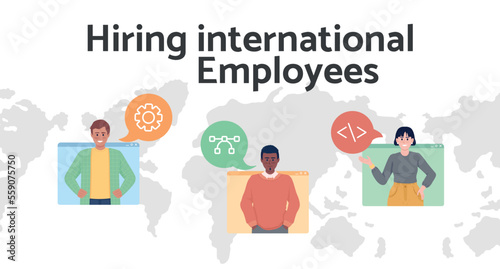 Hiring international employees flat vector banner template. Wideworld skilled team poster, leaflet printable color designs. Editable flyer page with text space. Catamaran Bold font used