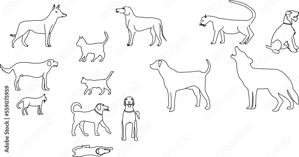 collection of simple dog silhouette illustration vector sketches for kids coloring