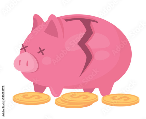 Broken piggy bank with coins semi flat color vector object. Editable element. Items on white. Lost savings. Financial trouble simple cartoon style illustration for web graphic design and animation