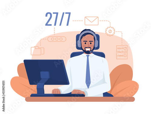 Customer service in banking 2D vector isolated illustration. Assistant with good manners flat character on cartoon background. Colorful editable scene for mobile, website. Oswald Regular font used