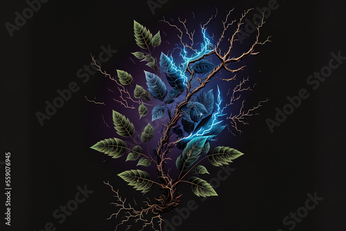 On a dark background  a large lightning bolt with branches is seen. Generative AI