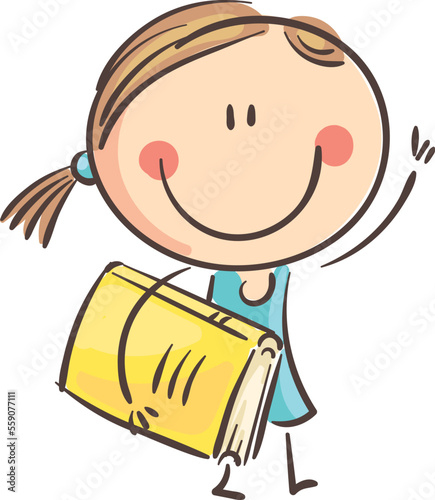 Happy doodle school girl with book