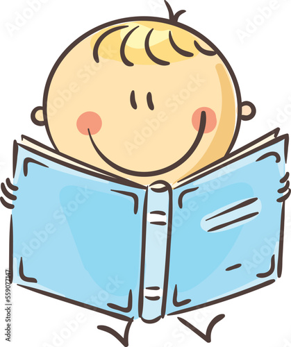 Doodle kid reading a book, sitting on the floor, isolated on white