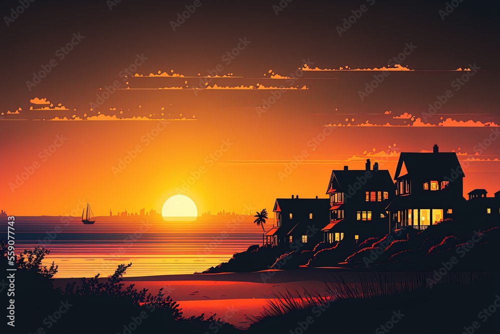 Fototapeta premium Overlooking a seaside town at sunset are house silhouettes. Generative AI