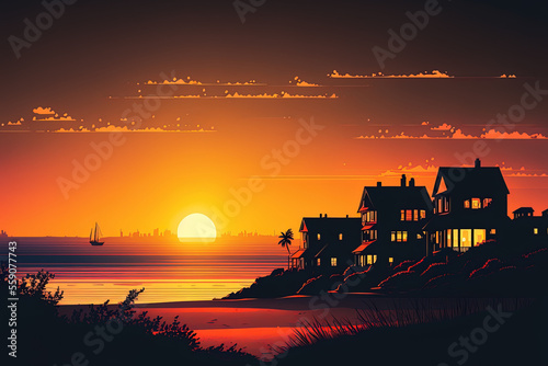 Overlooking a seaside town at sunset are house silhouettes. Generative AI