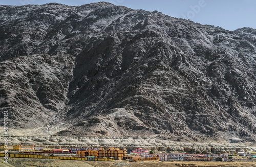 View of the village along Himalayan mountains on the way to Nubra valley, Ladakh, India