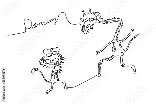 Abstract oneline continuous drawing animals party dancing.