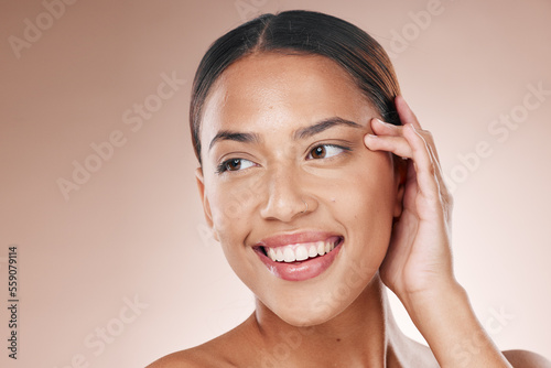 Skincare, beauty and acupressure, portrait of happy woman hand and smile on face on studio background. Makeup, glamour and luxury care with facial massage, natural spa treatment on woman with mockup