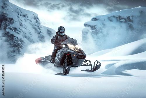 snowmobile in snow, extreme sport, Generative AI