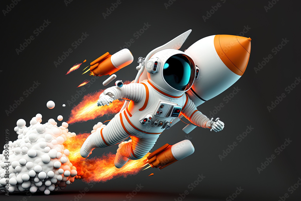 spaceman astronaut flying with rocket 3d illustration design
