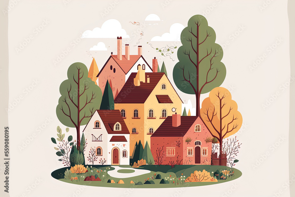 Illustration of a hand drawn flat village with buildings and trees. colorful, comfortable structures with chimney smoke. Residence, hamlet, or villa surrounded by vegetation. Generative AI
