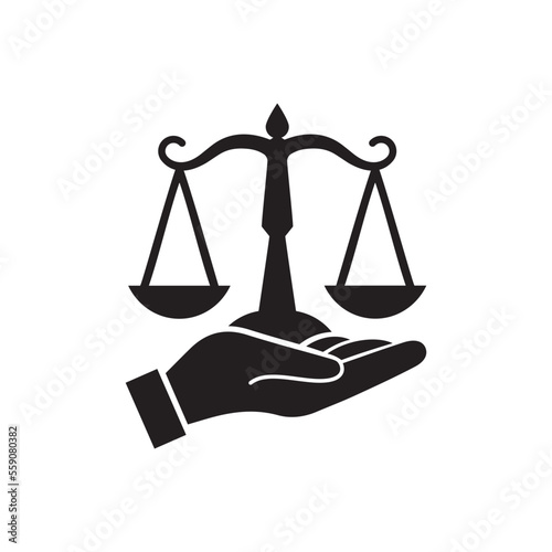 Hand holding measurement balance. justice scales. Attorney , judicial and Law service logo design. Professional eye-catching icon.	
